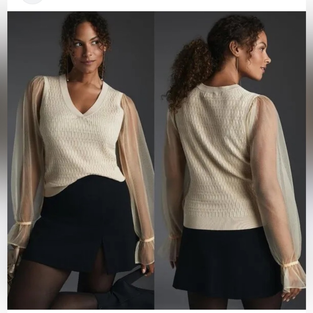 Anthropologie Gold Cream Sheer Puff Sleeve Preppy Balletcore V Neck Sweater